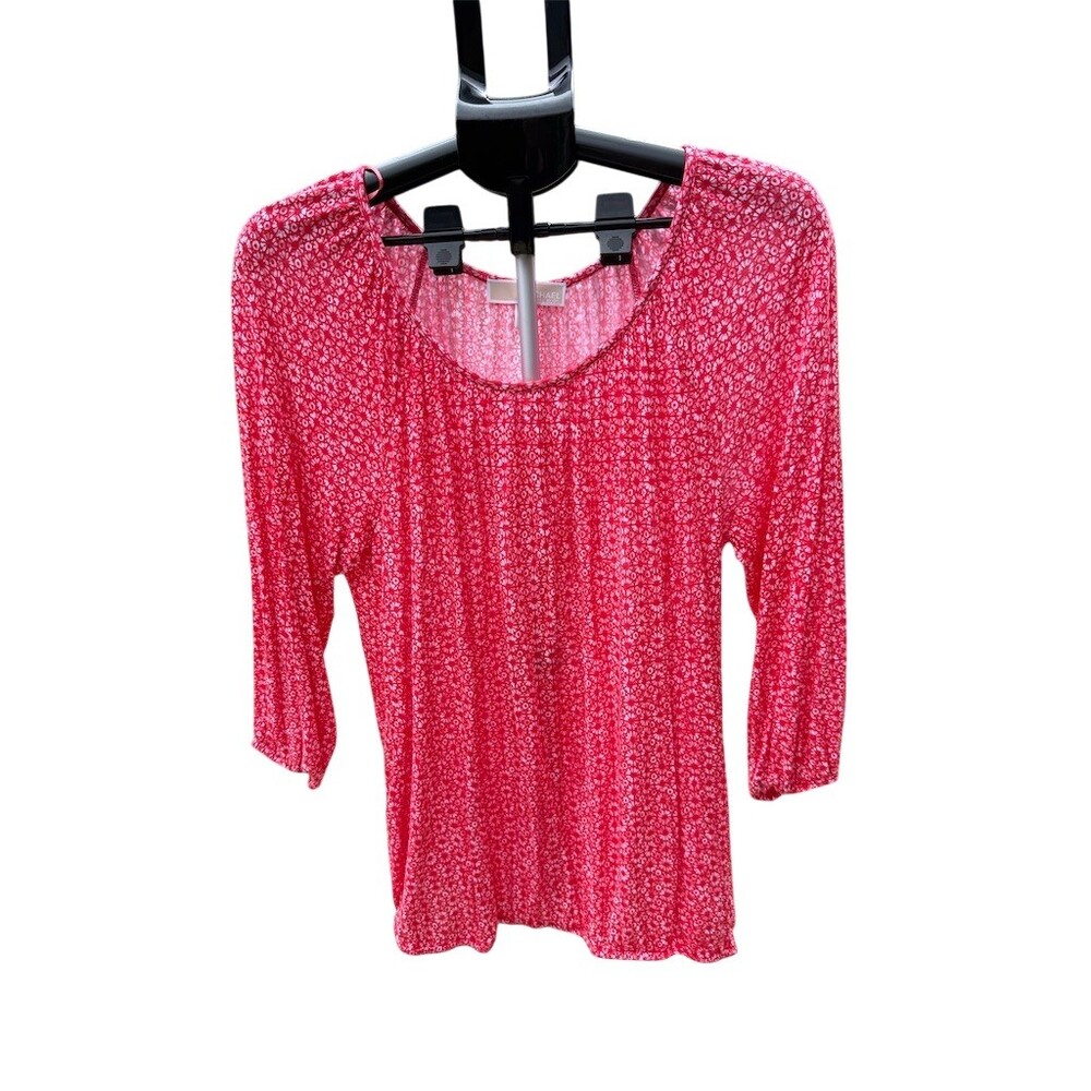MICHAEL Michael Kors Blouse Womens Size L Red Floral 3/4 Sleeve Scoop Neck